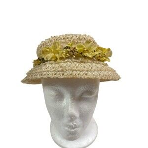 Vtg Union Made Floral Straw Bucket Hat W/ Bow Cloche Style Summer Hat Easter